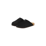 Zuecos Adidas Adimule de color negro, confeccionados en gamuza con suela de corcho y detalle del logo trébol grabado en la parte superior.
