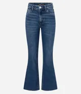 Pantalón de jean corte flare cropped, de tiro alto, con diseño ajustado en caderas y muslos, y botamanga acampanada con terminación deshilachada.