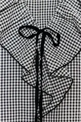 Blusa de manga larga con estampado de cuadros vichy en blanco y negro. Presenta un escote en V adornado con un volante amplio y un lazo decorativo en el centro. Las mangas terminan en puños elásticos.