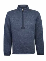 Polar de tejido jaspeado azul marino con cuello alto y cierre frontal parcial con tirador de cuero. Presenta bolsillos laterales con cierre.