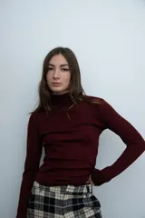 Polera de manga larga en color bordó, con cuello alto y costuras decorativas que realzan la silueta. Presenta un pequeño bordado sutil en la zona del cuello.