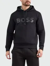 Canguro BOSS modelo Soody de color negro, con capucha ajustable por cordones, bolsillo tipo canguro y el logo de la marca en relieve en el pecho.