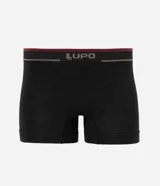 Calzoncillo bóxer sin costuras de la marca Lupo, confeccionado en poliamida gris melange, con cintura elástica ancha en tonos bordó, beige y negro, que incluye el logotipo de la marca.