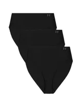 Pack de tres bombachas Under Armour de tiro alto, color negro, confeccionadas en tejido elástico sin costuras visibles, con el logo de la marca estampado en un lateral.