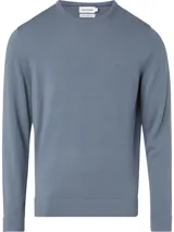 Sweater de lana merino 100% de corte regular, color azul grisáceo, con cuello redondo y puños y dobladillo de punto acanalado. Presenta un logotipo de monograma tonal de Calvin Klein en el pecho.