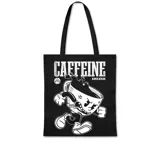 Tote bag de tela color negro con estampado frontal en blanco que representa una taza de café con estilo de caricatura retro corriendo y el texto Caffeine.