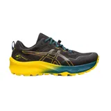 Championes de trail running Asics Gel-Trabuco 11, color negro con detalles en amarillo, azul y plateado. Cuentan con tecnología GEL para amortiguación y suela con tracción para terrenos irregulares.