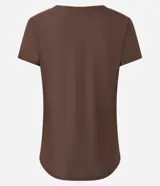 Remera deportiva de mujer Get Over, confeccionada en microfibra blanca con cuello redondo, manga corta y un diseño estampado de ondas en color verde y marrón en el lateral izquierdo.