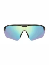 Lentes de sol deportivos con diseño de pantalla envolvente, montura de policarbonato color plata y lentes reflectantes con acabado tornasolado.
