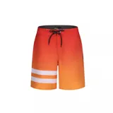 Short de baño Hurley con diseño en degradado de color naranja a rojo, con tres franjas blancas horizontales en la pierna izquierda y cordón ajustable en la cintura.