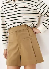 Short de vestir estilo sastrero color azul marino, de tiro alto con bolsillos frontales simulados y costuras verticales decorativas.