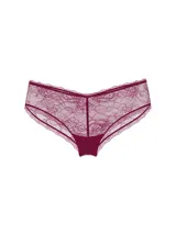 Panty tipo cheeky de encaje con diseño floral, tiro bajo y corte de pierna alta con escote en V frontal.