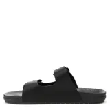 Sandalias de hombre con diseño de doble tira ajustable mediante hebillas metálicas negras. Presentan una base ergonómica y texturizada en color marrón oscuro.