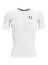 Remera deportiva Under Armour de compresión, modelo HeatGear Armour Comp SS, de manga corta y color blanco, diseñada con tejido superligero y transpirable con paneles de malla y mangas raglán.