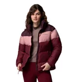 Campera puffer acolchada Columbia modelo Puffect II Colorbloc, con diseño de bloques de color en tonos bordó y rosado, cuello alto, cierre frontal completo y bolsillos laterales con cierre.