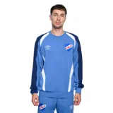 Buzo deportivo de cuello redondo, color azul con detalles en blanco y azul marino en las mangas. Presenta el logo de Umbro y el escudo del Club Nacional de Football bordados en el pecho.