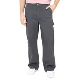 Pantalón carpintero gris oscuro de corte amplio, con múltiples bolsillos y lazo porta herramientas.