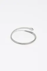 Pulsera rígida de metal con diseño de serpiente envolvente, con textura de escamas en los extremos y acabado plateado.
