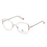 Armazón para lentes de receta marca Teresa Calandra, con diseño de marco metálico en color oro rosa y forma geométrica.
