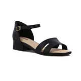 Sandalias de cuero sintético negro con pulsera al tobillo, taco bajo y plantilla acolchada.