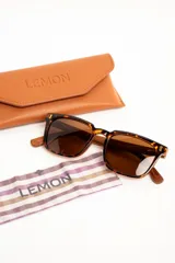 Lentes de sol polarizados con armazón transparente y patillas de madera, con cristales oscuros.