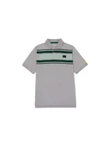 Remera polo gris melange de manga corta Caterpillar, con franjas horizontales en tonos verde oscuro y menta en el pecho, cuello camisero con botones y parche de silicona con logo.