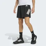 Short deportivo Adidas 2 en 1 con calza interior integrada, diseñado para running. Presenta un diseño en color negro con las icónicas tres tiras de la marca en tono claro sobre el muslo y logo en la cintura. Incluye cintura elástica con cordón de ajuste y bolsillos laterales con cierre.
