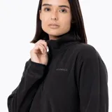 Buzo polar de mujer con cierre frontal parcial, cuello alto y manga larga. Confeccionado en microfleece de poliéster reciclado, cuenta con puños elásticos y logo de la marca bordado en el pecho.