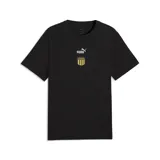 Remera de algodón negra de corte clásico, con cuello redondo y mangas cortas. Presenta un estampado central en el pecho que combina el logo de la marca Puma con el escudo del Club Atlético Peñarol.