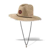 Sombrero de paja Dakine Pindo con ala ancha, cordón ajustable con traba y parche redondo con logo en el frente. El borde inferior del ala presenta detalle estampado.
