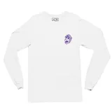 Remera de manga larga color blanco, con cuello redondo y estampa pequeña en el pecho que representa al personaje Alf con lentes de sol.