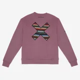 Sudadera azul marino de algodón con cuello redondo y manga larga. Presenta un estampado geométrico multicolor en la espalda y el logo de la marca en la parte superior.