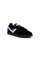 Championes deportivos Pony modelo Moma para hombre, de color blanco con detalles en azul marino y puntera de gamuza gris, con suela marrón de goma.