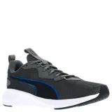 Championes deportivos Puma modelo Run Incinerate, confeccionados en malla técnica transpirable color gris oscuro. Presentan detalles en negro y líneas en azul eléctrico, con entresuela blanca de amortiguación y suela de goma resistente.