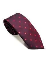 Corbata de seda azul marino con estampado paisley en tonos rosados y blancos.