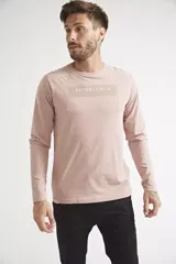 Remera de manga larga color rosado, con cuello redondo y estampado frontal con el nombre de la marca Brooksfield.