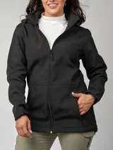 Campera negra de neopreno con capucha desmontable, bolsillos laterales, cierre frontal y ajuste en los puños.