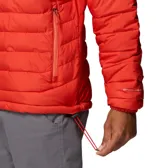 Campera acolchada Columbia modelo Powder Lite II, color rojo con diseño degradado. Cuenta con tecnología Omni-Heat para retención de calor, aislamiento sintético Thermarator, tejido resistente al agua Omni-Shield, cierre frontal completo, cuello alto con protector de barbilla, puños elásticos y bolsillos laterales con cierre.