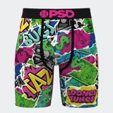 Calzoncillos tipo bóxer de la marca PSD con estampado de billetes, personajes de Looney Tunes y el logo de la marca.