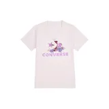 Remera blanca de algodón con estampado del logo de Converse con flores en tonos violetas y lilas.