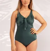 Malla entera color borgoña con breteles finos y escote en V con nudo.