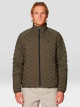 Campera acolchada Mountain Hardwear Stretchdown Light de color verde militar, con cuello alto, cierre frontal negro y bolsillos laterales con cremallera. Confeccionada con tecnología elástica para mayor movilidad y aislamiento térmico de plumón.