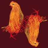 Pañuelo cuadrado con diseño artístico de gallos en tonos amarillos y rojos sobre un fondo bordó, con tipografía superpuesta.