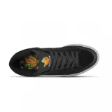 Zapatillas de skate Emerica Omen Hi X OJ, color negro con detalles en amarillo y naranja, de caña alta y suela blanca.