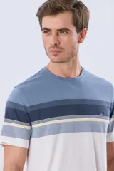 Remera de manga corta con diseño de franjas horizontales en tonos de gris, azul y beige, con escote redondo y pequeño bordado en el pecho.