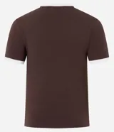 Remera de corte ajustado color marrón chocolate, con cuello redondo y bordes de mangas en color blanco. Presenta un estampado frontal con la palabra 'STYLE' en letras grandes, un oso pequeño con gorra y el texto 'Cute' y '21'.