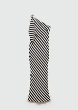 Vestido largo de fiesta con diseño entallado y escote asimétrico de un solo hombro. Presenta un estampado de rayas diagonales en blanco y negro, con un detalle de nudo en el tirante.