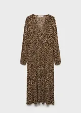 Vestido largo de corte recto con estampado de leopardo. Presenta escote en pico, mangas largas con puños elásticos y un diseño fluido sin cierre.