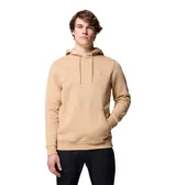 Buzo tipo canguro Columbia, color beige, con capucha ajustable mediante cordones, bolsillo frontal tipo canguro, puños y dobladillo acanalados. Presenta un pequeño parche con el logo de la marca en el pecho.
