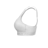 Top deportivo Under Armour de soporte medio, color negro, con diseño de espalda cruzada y banda elástica inferior con el logo de la marca estampado.